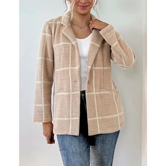 Z Supply Jackets & Blazers - Z SUPPLY Anna Eyelash Plaid Blazer One Button Size M MSRP $169 Saddle Windowpane